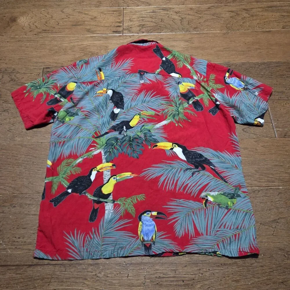 VTG Paradise Found Magnum PI Hawaiian Shirt Red Parrot Print Tom Selleck Mens M